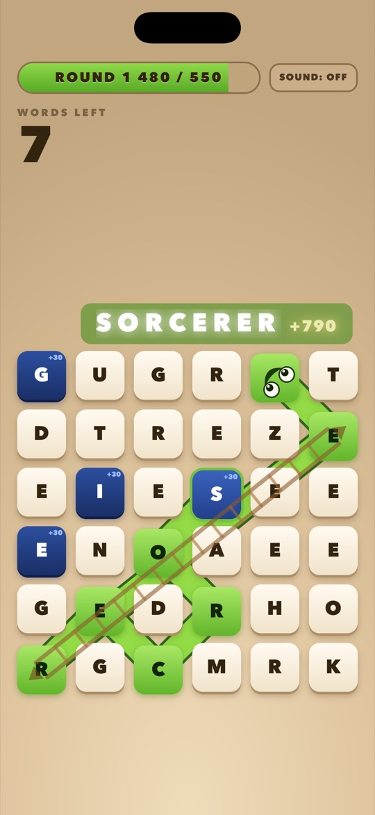 A green snake riding the ladder to spell SORCERER, worth 790 points