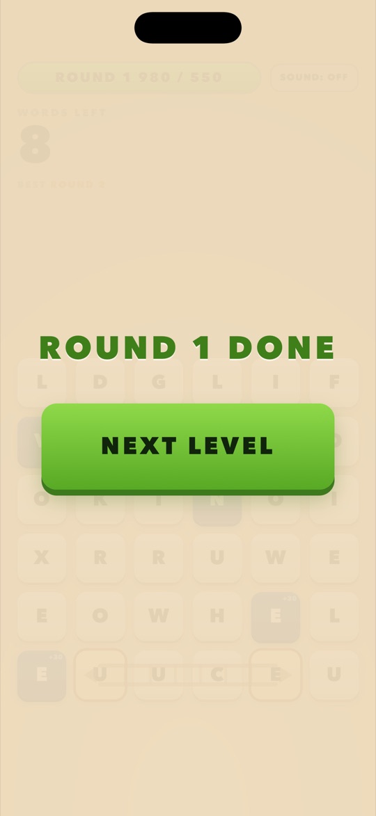 The end of a round, with a big NEXT LEVEL button